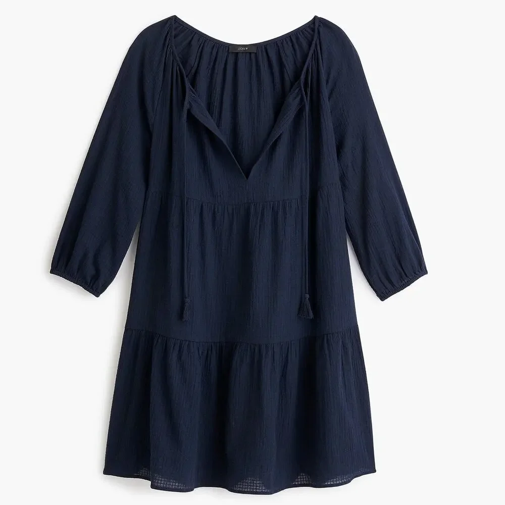 J Crew Beach Tunic‎ Dress Womens S Blue Crinkle Cotton Tiered Cover Up Coastal